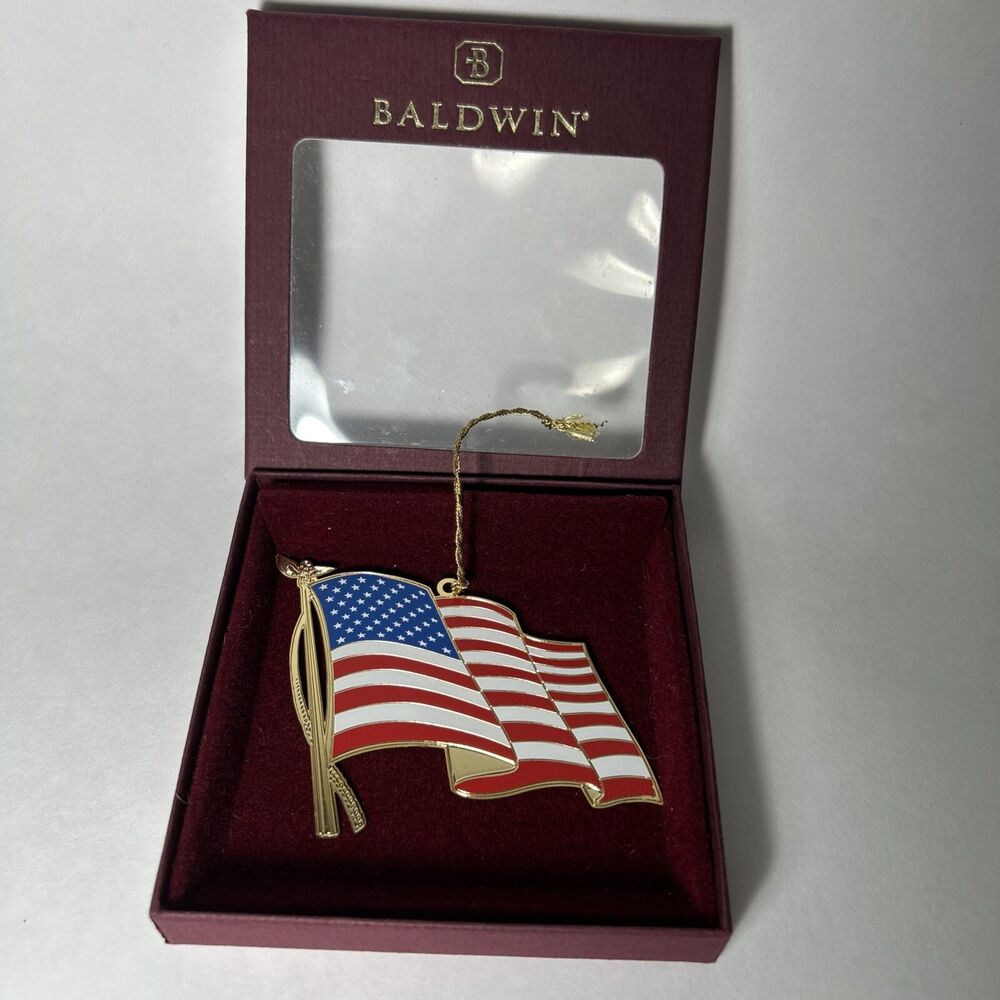 Vintage 2001 2.75" Baldwin Brass 50 Star Flag on Pole Ornament C1